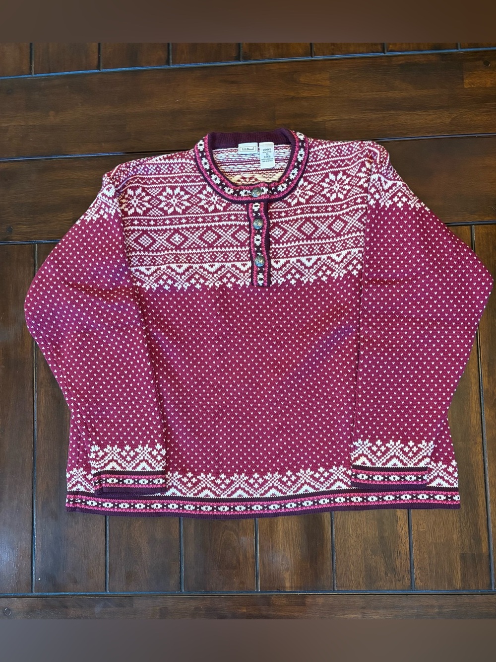 L.L. Bean VTG Cotton Knit Fair Isle Sweater Nordic Pewter Buttons Red Crew 2X